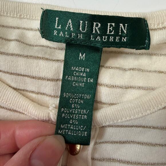LRL Ralph Lauren Womens Medium Cream Gold Stripe Long Sleeve Henley Top Classic - Picture 3 of 9